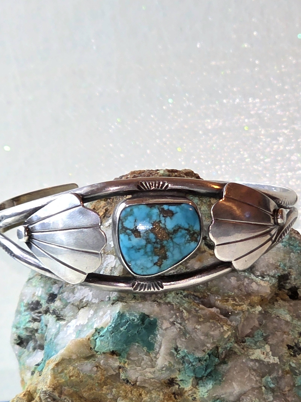 1960's Sterling Silver Turquoise, Shell Cuff Bracelet - Vibrant Turquoise
